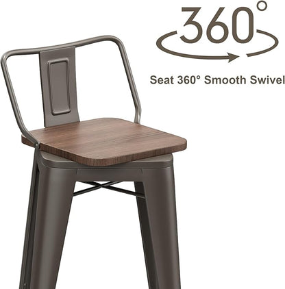 24 Inch Swivel Bar Stools Set of 4 with Backs Counter Height Industrial Metal Barstools Island Bar Chairs for Home Kitchen Dining Room (Swivel 24 inch,Rusty Wooden)