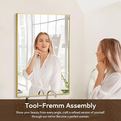 Gold Bathroom Mirror 26"x38", Rectangle Vanity Mirror with Frosted Metal Frame, Tempered Glass Wall Mounted Mirrors, Rust-Resistant for Bathroom, Bedroom & Living Room Decor