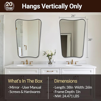 ANDY STAR Bathroom Mirror, 26x38 Inch Matte Black Vanity Mirror, Black Asymmetrical Mirror in Premium Stainless Steel Metal Frame Deep 1’’, Wall Mount Vertically Only