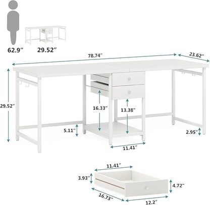 Tribesigns 79 Inch Extra Long Desk, Double Desk with 2 Drawers, Two Person Desk Long Computer Desk with Storage Shelves, Writing Table Study Desk for Home Office, White