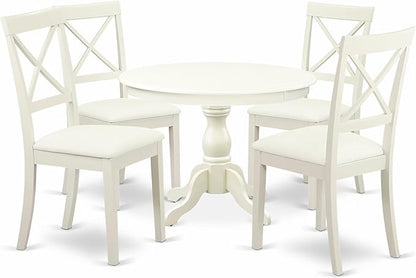East West Furniture HBBO5-LWH-C 5 Piece Modern Dining Table Set Includes a Round Wooden Table with Pedestal and 4 Linen Fabric Kitchen Dining Chairs, 42x42 Inch, Linen White