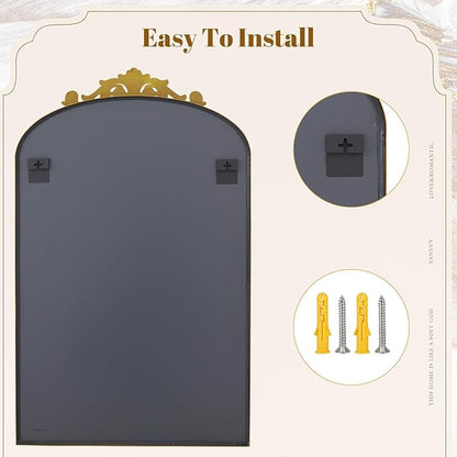 Vintage Arched Bathroom Mirror, 24x36 Inch Retro Wall Mounted Vanity Mirror with Carved Pattern Top and Metal Frame, Antique Decorative Mirror for Hanging or Leaning
