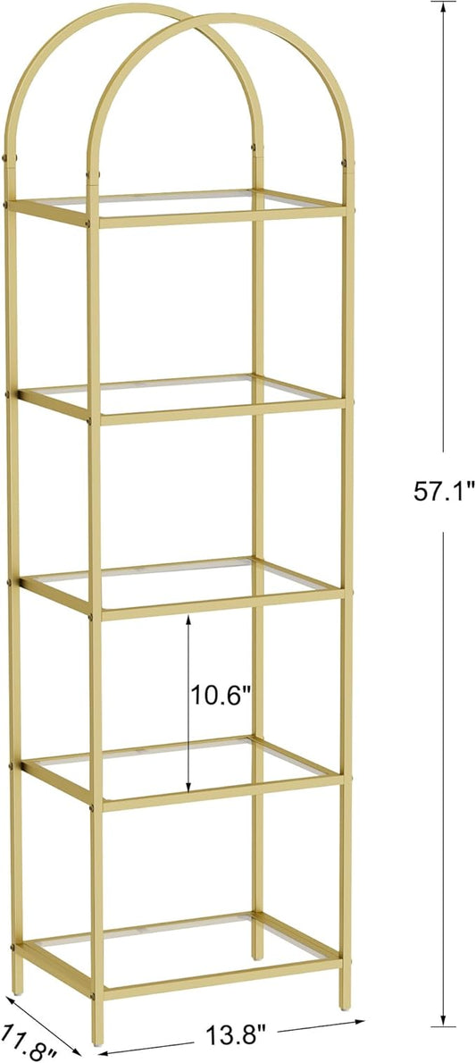 Homhedy Bookshelf Arched Display Racks,Metal Bookcase,Tempered Glass Shelves,Storage Rack Shelf for Home Office,Living Room,Bedroom, Bathroom,Modern Style (Golden, 11.8" D x 13.8" W x 57.1" H)