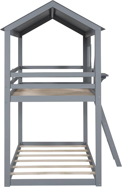 Ball & Cast Twin Over Twin Size Playhouse Bunk Bed with Roof and Window,Wood Bunkbed w/Full-Length Guard Rail & Ladder,Slat Support,Space Saving,Bedroom Furniture for Student Dorms,Gray