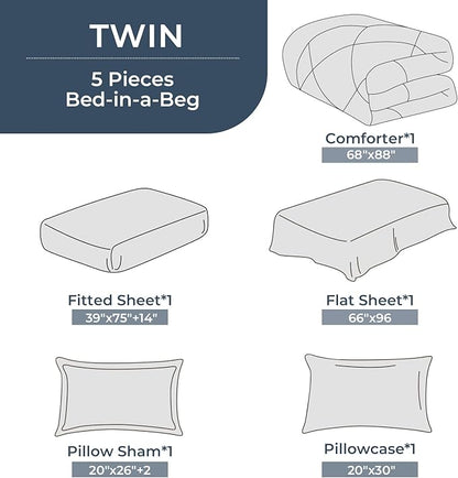 HEVUMYI Khaki Twin Comforter Set - 5-Piece All Season Bed in a Bag Twin, Ultra Soft Bedding Set with Comforter, Flat Sheet, Fitted Sheet, Pillowcases, Pillow Shams