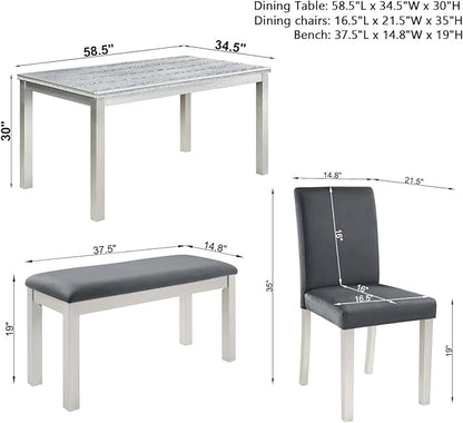 Dining Table Set for 5, 6 Piece Dining Room Table Set with Rectangular Crystal Decoration Table, 4 Upholstered Backrest Chairs and Bench, Counter Height Kitchen Sets with MDF Tabletop, Grey