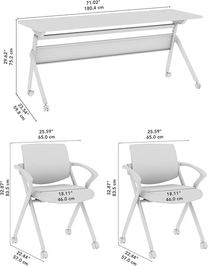 Bush Business Furniture Folding Training Table Set for 2, 72 inch, 2 Mesh Back Folding Chairs with Arms, Commercial-Grade Bundle for Office or Classroom, Envision Collection, White