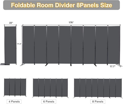 Room Divider, 8 Panel Folding Privacy Screens with Wider Support Feet, 6 Ft Portable Room Partition for Room Separator, 176" W X 71" H, Grey