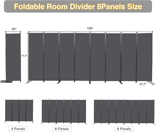 Room Divider, 8 Panel Folding Privacy Screens with Wider Support Feet, 6 Ft Portable Room Partition for Room Separator, 176" W X 71" H, Grey