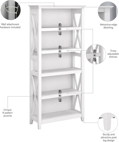 Bush Furniture Tall 5 Shelf Bookcase for Living Room or Home Office, Large Bookshelf, Modern Farmhouse Style, Key West Collection, Pure White Oak