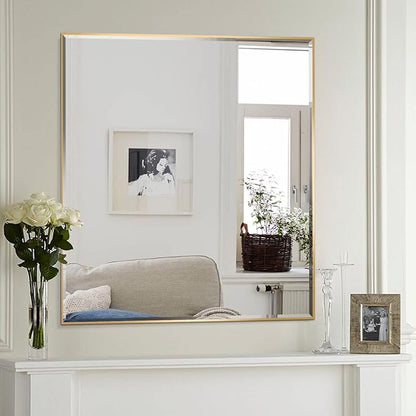 30x40 Inch Gold Mirror with Beveled Trim, Aluminum Frame Bathroom Vanity Mirror, Copper-Free Mirror, Rectangle Wall Mounted Mirror, Modern Rectangular Mirror Horizontal or Vertical