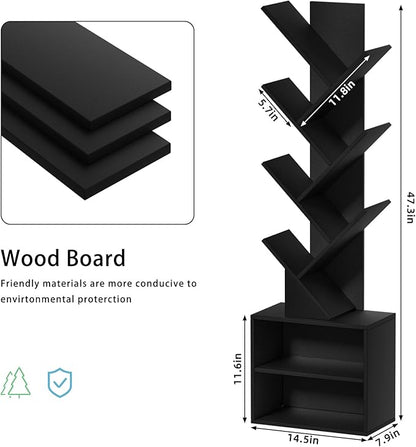 10 Tier Tree Bookshelf,Floor Standing Wood Tall Bookcase for Narrow Space, Storage Organizer Bookshelves for Books, Book Case for CDs/Movies/Books,Home Office,Living Room, Bedroom