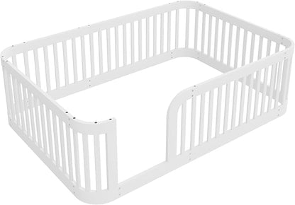 Full Floor Bed with High Fence and Rounded Corner Design, Montessori Floor Bed Frame with Guardrail and Entrance, Easy Assemble Montessori Bedd Full Size, White