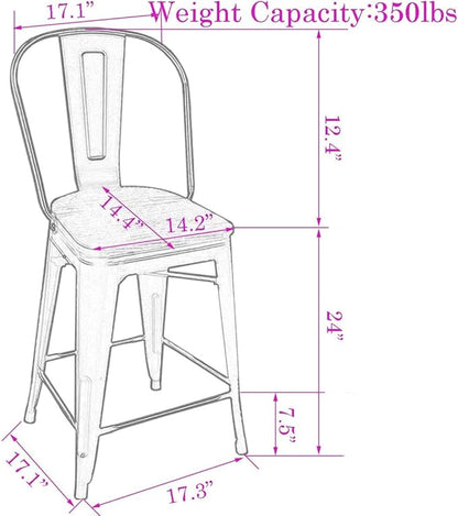 Changjie Furniture 24 Inches Metal Barstools Set of 4 Counter Height Bar Stools Industrial Stools with Backs High Back Chairs for Kitchen Island (24 Inch, White)