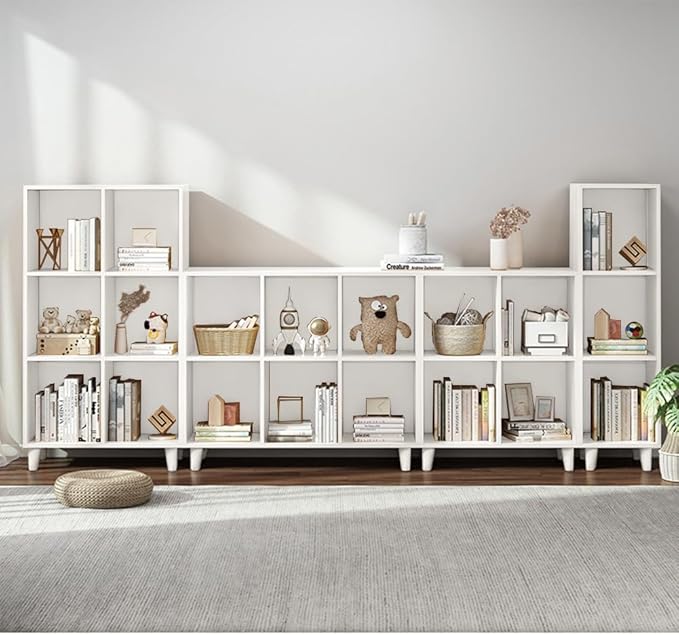 IOTXY Open Cube Low Bookcase - 3-Tier Freestanding Storage Display Cabinet Organizer with Legs for Home Office, 8-Cubes Open Shelf Short Bookshelf, White