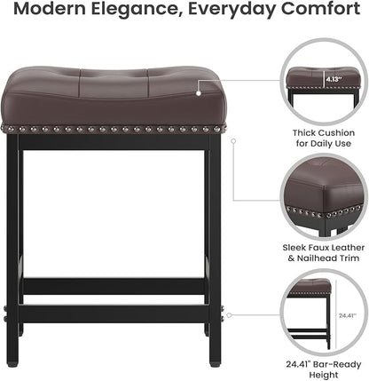 MALOL Set of 3 Saddle Bar Stools Counter Height 24.4”, Brown Backless Barstools for Kitchen Island, Modern PU Leather Cushioned Seat, Bar Chairs for Kitchen Counter, Breakfast Bar Stools for Home
