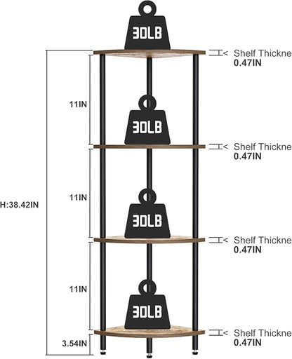 4 Tier Corner Shelf, Bookcase for Small Spaces, Corner Display Shelf, Plant Stand, Rustic Brown and Black,Suitable for Bedroom,Living Room,Kitchen