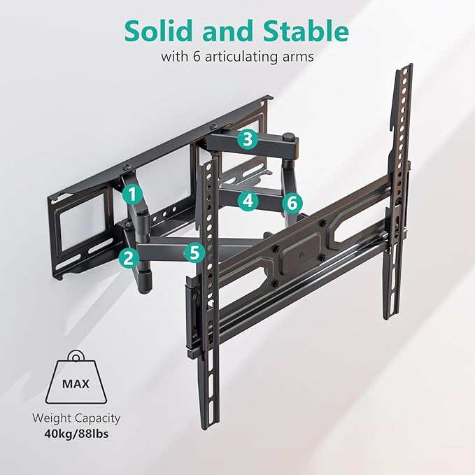 WALI Full Motion TV Wall Mount for Most 32-70 inch Flat Curved TVs, Swivel Extension Tilting Leveling TV Mount Bracket Max Mounting Holes 400x400mm, Holds up to 88 lbs & 12/16" Wood Studs