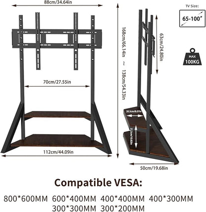 unho Mobile TV Floor Stand with Wheels Shelves for 65 to 100 inch Large LCD/LED Flat Curved Screen up to 220lbs, Adjustable Heights TV Mount Stands VESA 800x600mm, Rolling TV Stand for Bedroom Office