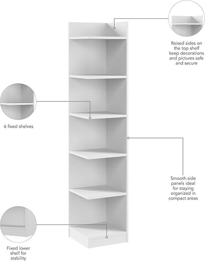 Bush Furniture Universal 15W Tall Corner Bookshelf in White, 6 Shelf Narrow Bookcase for Home Office Storage or Living Room Organization