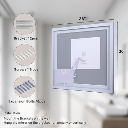 36x36 LED Bathroom Mirror, Backlit + Front Lit, LED Bathroom Mirror with Lights for Wall, 3 Colors, Anti-Fog, Dimmable Brightness, Memory Function, Tempered Glass