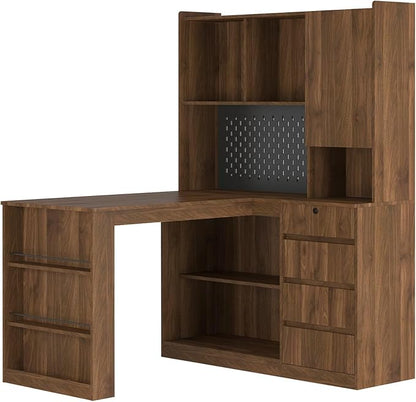 KEIKI L Shaped Home Office Desks with LED Light, Pegboard, Hutch, Drawers, Bookshelf & Storage Shelves, Modern Wooden Gaming Computer Corner Table for Work, Study, Writing