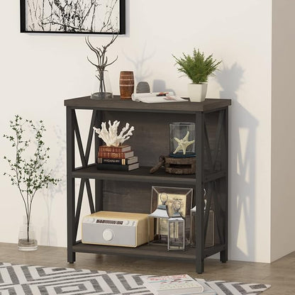 FATORRI Rustic Small 3 Shelf Bookshelf for Living Room, Industrial Low Wood Bookcase, Farmhouse Short Book Shelf for Small Space (Walnut Brown)