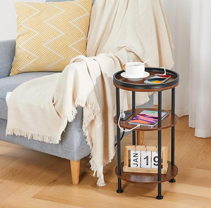 Small Round Side Table with Charging Station for Small Spaces, 3-Tier Accent Table with USB Ports & Power Outlets, Sofa Corner Tea Table for Living Room Nightstand Bedroom Apartment (USB, Cherry)