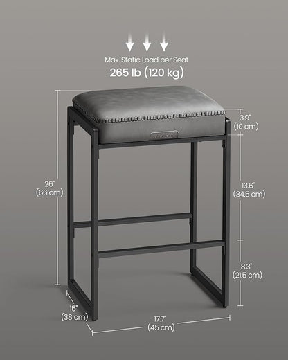 VASAGLE EKHO Collection - Bar Stools Set of 2, Counter Height Bar Stools, Synthetic Leather with Stitching, Mid-Century Modern Counter Stools, 26-Inch Tall, Kichen Home Bar Dining Room, Dove Gray