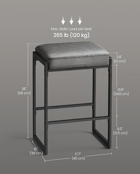 VASAGLE EKHO Collection - Bar Stools Set of 2, Counter Height Bar Stools, Synthetic Leather with Stitching, Mid-Century Modern Counter Stools, 26-Inch Tall, Kichen Home Bar Dining Room, Dove Gray