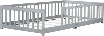 Bellemave Twin Floor Bed with Slats and Safety Guardrails, Kids Montessori Floor Beds with Fence and Without Door, Easy Assemble Floor Bed for Kids, Girls, Boys, Gary