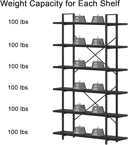 HSH 6 Tier Tall Black Bookshelf, Modern Large Storage Book Shelves & Display Book Shelf,Industrial Open Vertical Metal and Wood Black Bookcases 6 Shelf for Bedroom Living Room Office, Black Oak