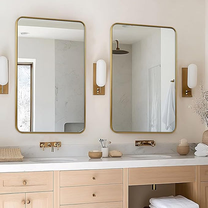 ANDY STAR 24x36 Rectangle Bathroom Mirror, Brushed Gold Stainless Steel Metal Frame Bathroom Mirror for Over Sink, Modern Rounded Corner Brass Vanity Wall Mirror, Hangs Horizontally or Vertically