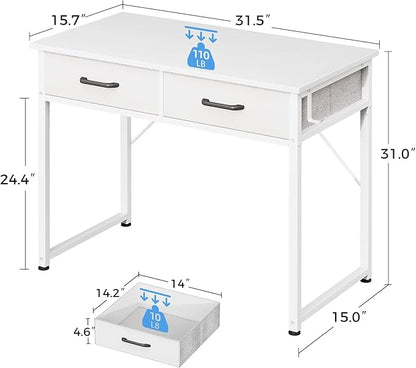 Casaottima 32 Inch Small Office Computer Desk with 2 Drawers & Headphone Hook - Compact Writing Desk for Home Office, Study or Work, Modern Space-Saving Design for Small Spaces, White