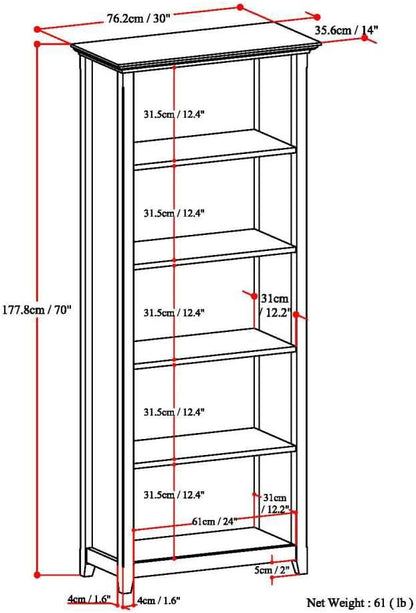 SIMPLIHOME Amherst Bookcase - 70 inch Tall 5-Shelf Solid Wood Bookshelf in Rustic Natural Aged Brown, Transitional Storage for Living Room, Study or Office with Adjustable Shelves and Tapered Legs