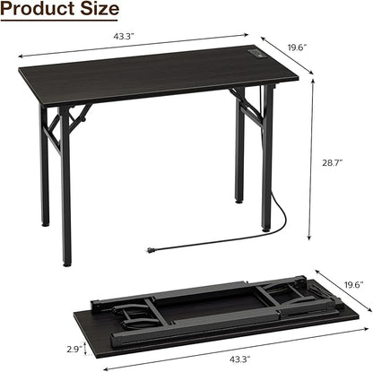 TEMI Small Computer Desk Folding Table - No Assembly, Compact 43.3" Foldable Desk with Power Outlets & USB Charging Port, Portable Small Office Desk, Ideal Mini Study Table, Charcoal Wenge