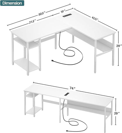 Unikito Reversible L Shaped Computer Desk with Magic Power Outlets and USB Charging Ports, Sturdy Corner Desk with Storage Shelves, Durable Work Desk for Home Office, Easy to Assemble, White