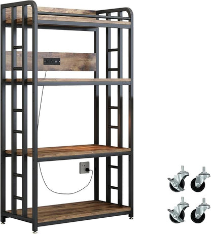 Adjustable 4-Tier Heavy Duty Kitchen Baker's Rack with Power Outlet, with Industrial Wheels, Free Standing Microwave Oven Cart Stand for Storage in Living Room, Garage, Rustic Brown