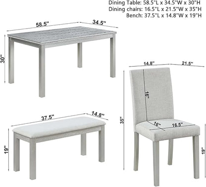 Dining Table Set for 5, 6 Piece Dining Room Table Set with Rectangular Crystal Decoration Table, 4 Upholstered Chairs and Bench, Counter Height Kitchen Sets with MDF Tabletop, Silver Gray