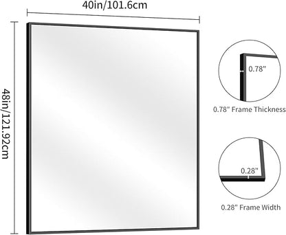 YIROMAN Bathroom Mirror for Wall 48"x40", Large Matte Black Bathroom Mirror with Metal Frame, Rectangular Vanity Mirror with Right Angles, Wall Mirror Hangs Horizontal or Vertical, Shatterproof