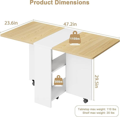 GarveeHome Folding Dining Table, Space Saving Farmhouse Dining Table for 4 Storage Shelf, 6 Wheels Multipose Expandable Kitchen Drop Leaf Table for Small Space (Pear Wood, 47.2"D x 23.6"W x 29.5"H)