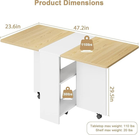 GarveeHome Folding Dining Table, Space Saving Farmhouse Dining Table for 4 Storage Shelf, 6 Wheels Multipose Expandable Kitchen Drop Leaf Table for Small Space (Pear Wood, 47.2"D x 23.6"W x 29.5"H)