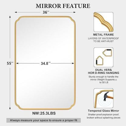 55X36 Inch Gold Metal Framed Bathroom Mirror for Wall, Large Rounded Rectangle Bathroom Vanity Mirror Farmhouse, Anti-Rust, Tempered Glass, Hangs Horizontally or Vertically