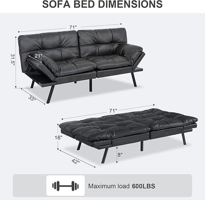 Vipbear Futon Sofa Bed Couch, 71" Convertible Sofa Bed, Space-Saving Loveseat with Adjustable Backrest & Armrest for Living Room,Apartment,Office,Matte Black Sleeper Sofa