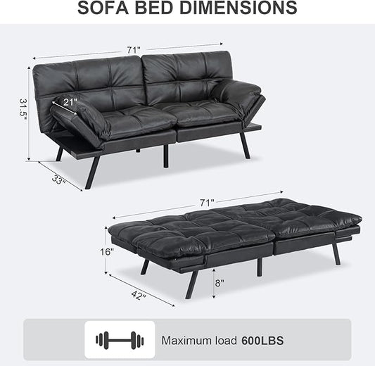 Vipbear Futon Sofa Bed Couch, 71" Convertible Sofa Bed, Space-Saving Loveseat with Adjustable Backrest & Armrest for Living Room,Apartment,Office,Matte Black Sleeper Sofa