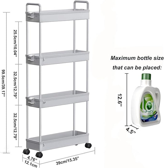 SOLEJAZZ Slim Rolling Storage Cart with Wheels 4 Tier Skinny Bathroom Storage Organizer Narrow Shelf Unit Thin Laundry Room Utility Cart for Bedside Kitchen Office Next to Fridge Small Places, Gray