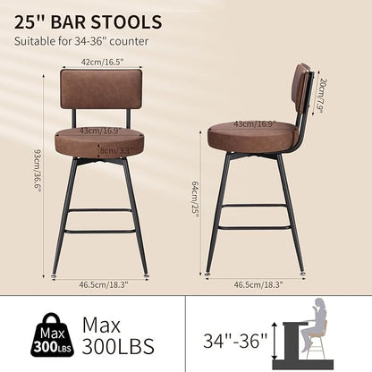 Bar Stools Set of 2, 25 Inch Swivel Bar Stools Bar Chairs, Faux Leather Counter Height Bar Stools with Backrest, Stools for Kitchen Counter Island Rustic Farmhouse, Brown