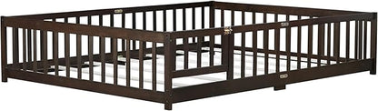 Queen Size Floor Bed Frame with Slats and Safety Guardrail, Wood Queen Size Montessori Floor Bed with Door and Fence, Easy Assemble Montessori Beds for Kids, Girls, Boys, Espresso