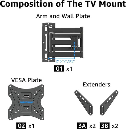 MOUNTUP Long Arm TV Wall Mount for Most 26-65 Inch TVs, Corner TV Mounts with 37.4 Inch Extension Arm, Smooth Swivel Tilt Single Stud Full Motion Bracket Max VESA 400x400mm, Holds to 77 lbs, MU0047