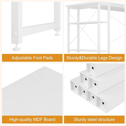L Shaped Computer Desk with Reversible Shelves, 47 Inch Small Corner Desk with Storage Bag, Gaming Desk Computer Table Study Writing Desk for Home Office Small Space, White